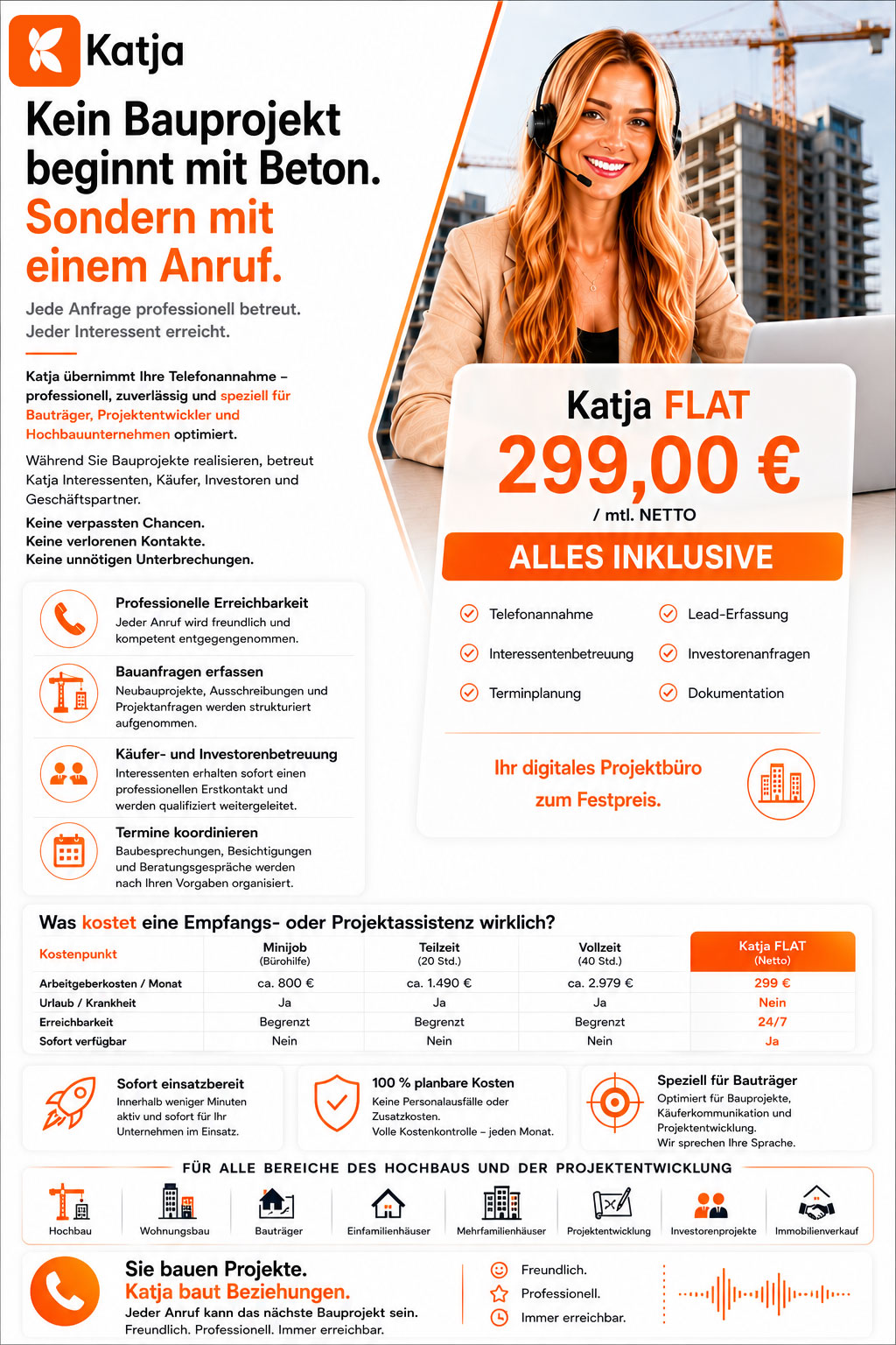 Flyer von Katja FLAT für Telefonannahme und Projektassistenz für Bauträger und Projektentwickler im Hochbau mit Kostenvergleich