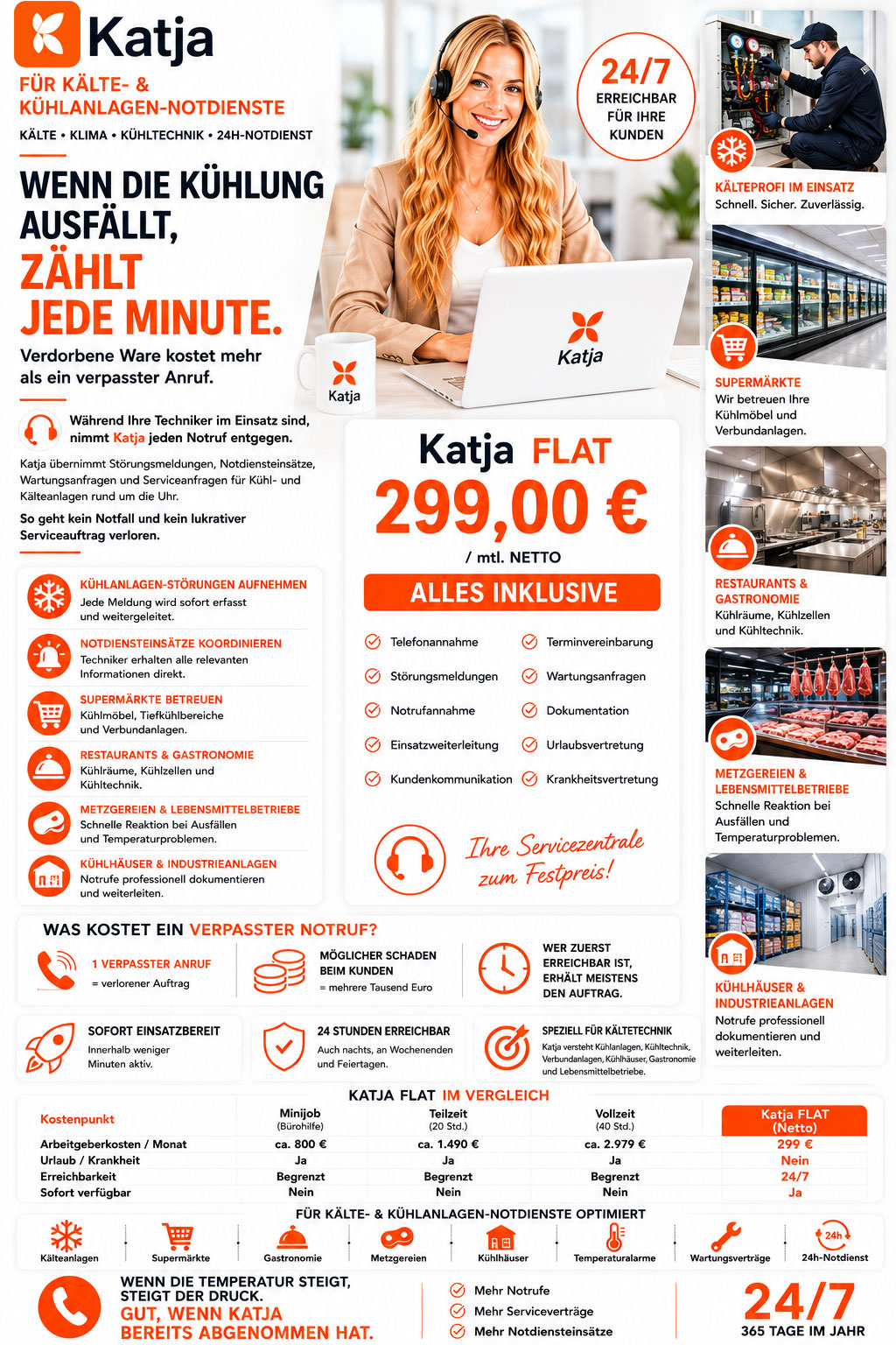 Werbeflyer von Katja FLAT für 24/7 Notdienst-Telefonannahme und Störungsmeldungen im Bereich Kälte- und Kühltechnik mit Kostenvergleich