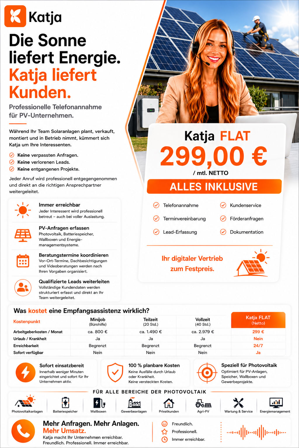 Werbeflyer von Katja FLAT für digitale Telefonannahme und Vertriebsassistenz für Photovoltaik- und Solar-Unternehmen mit Wirtschaftlichkeitsvergleich